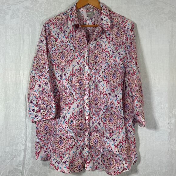 Chicos Button Up 3 XL Pink Paisley 100% Linen Long Line 3/4 Sleeve - Picture 1 of 10